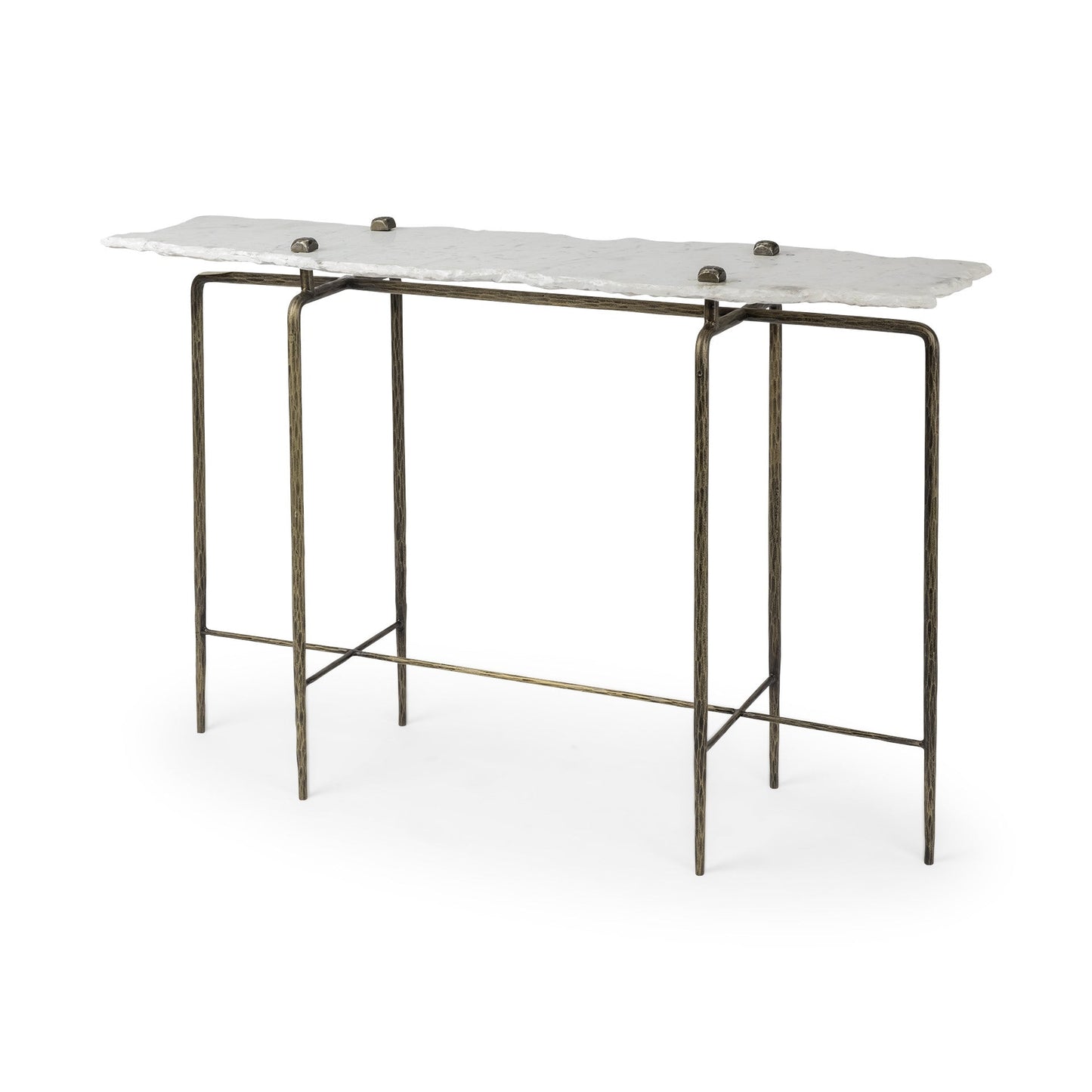49" White and Brass Genuine Marble and Iron Distressed Six Leg Console Table HomeRoots