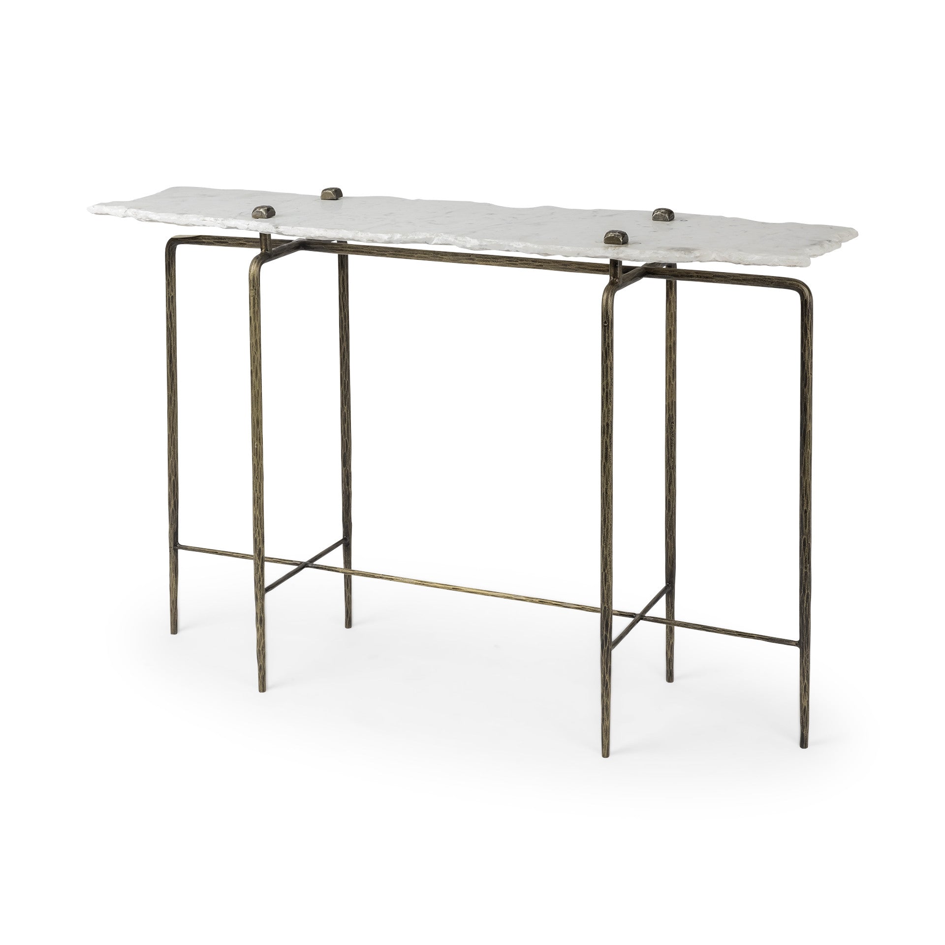 49" White and Brass Genuine Marble and Iron Distressed Six Leg Console Table HomeRoots
