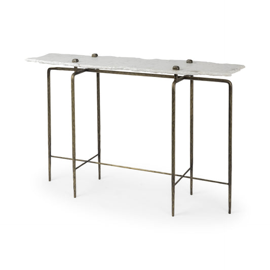 49" White and Brass Genuine Marble and Iron Distressed Six Leg Console Table
