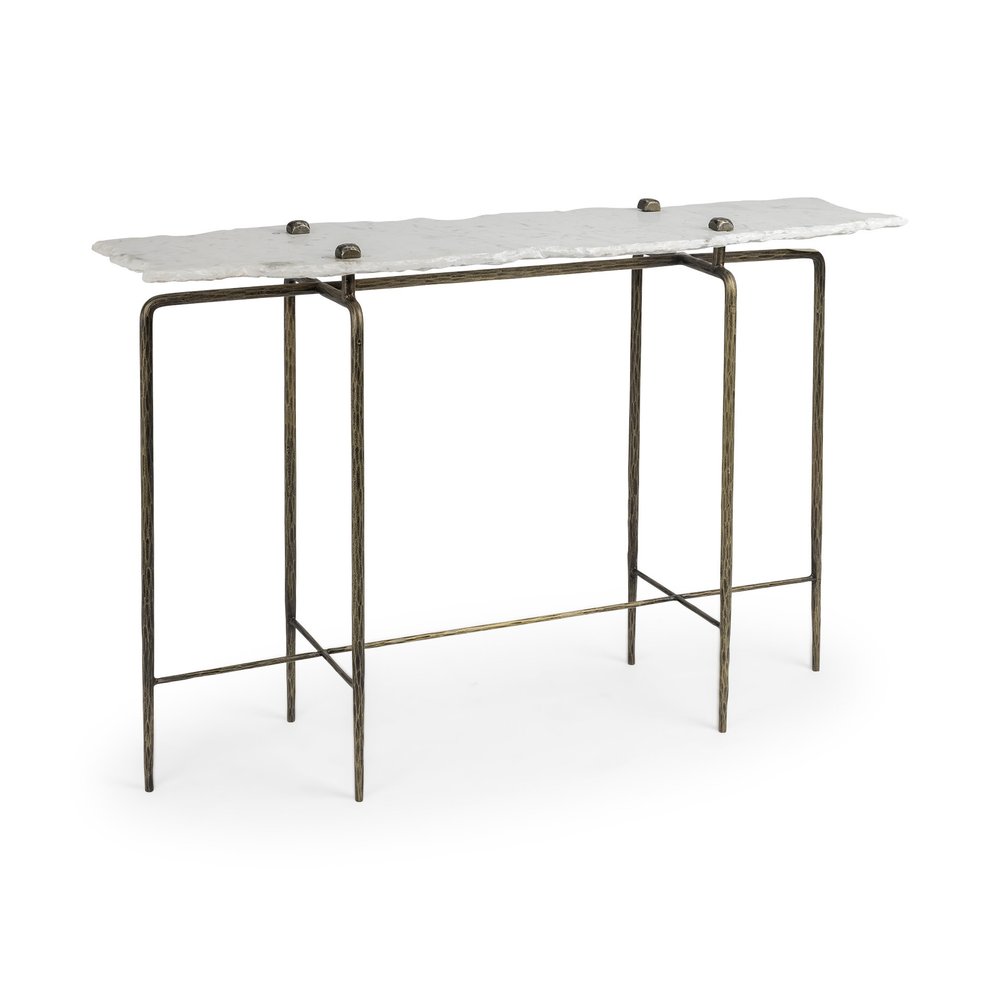 49" White and Brass Genuine Marble and Iron Distressed Six Leg Console Table HomeRoots
