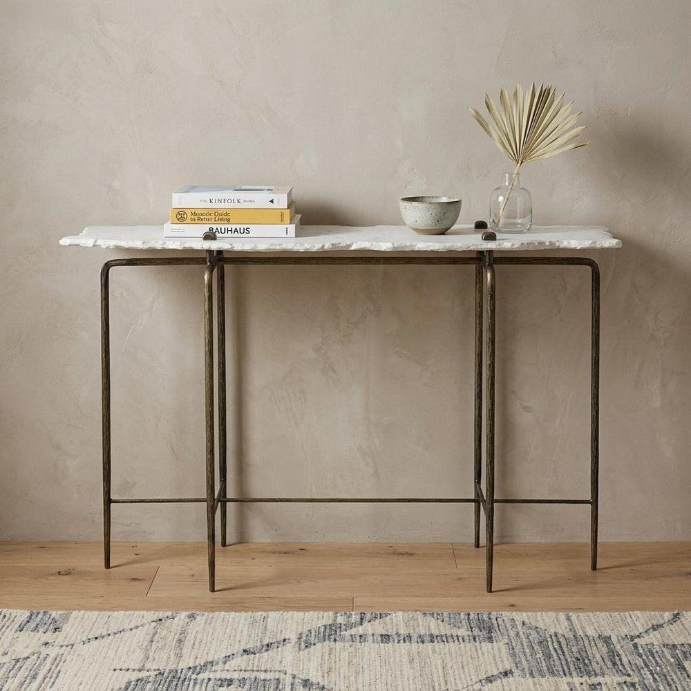49" White and Brass Genuine Marble and Iron Distressed Six Leg Console Table HomeRoots