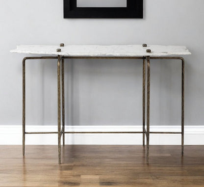 49" White and Brass Genuine Marble and Iron Distressed Six Leg Console Table HomeRoots