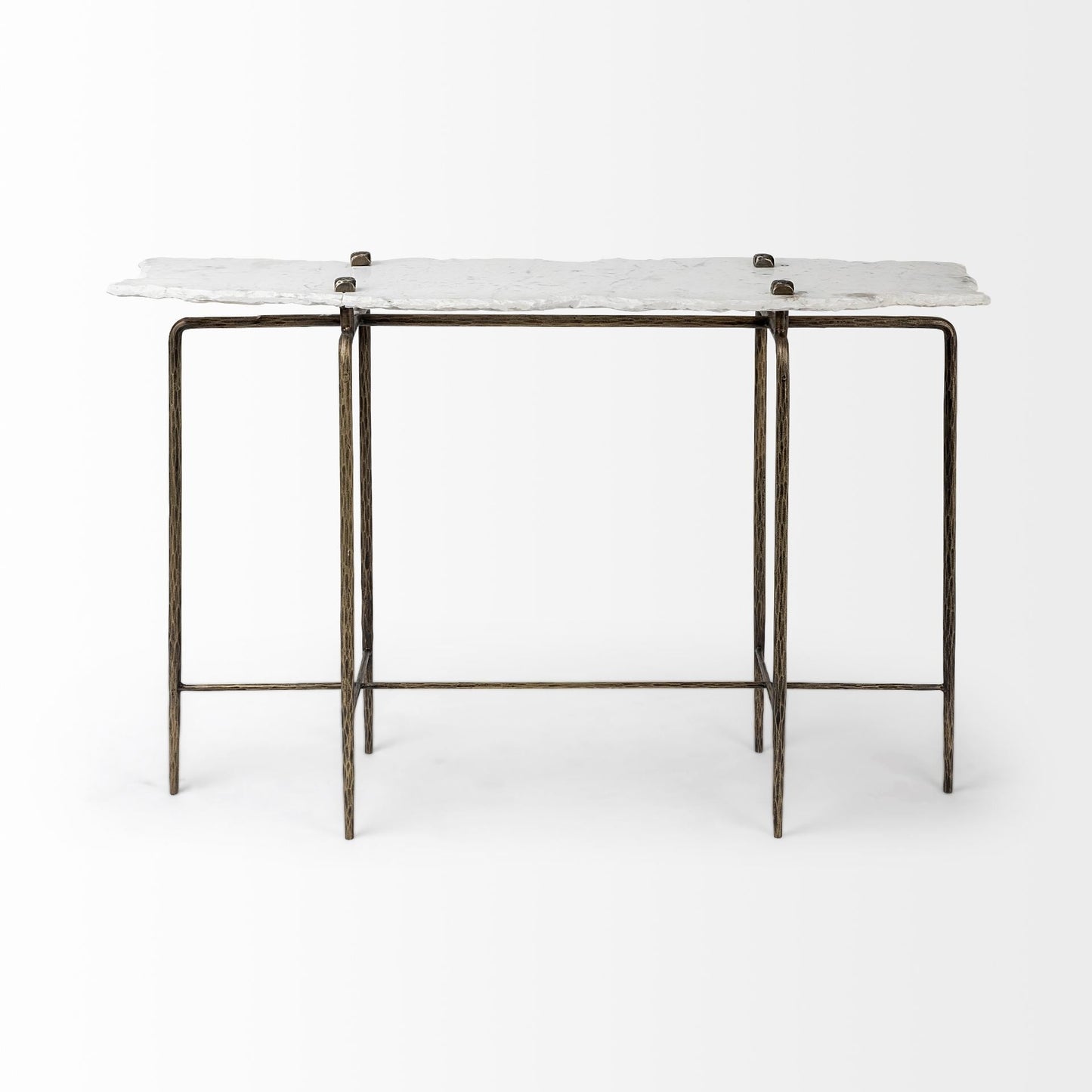 49" White and Brass Genuine Marble and Iron Distressed Six Leg Console Table HomeRoots