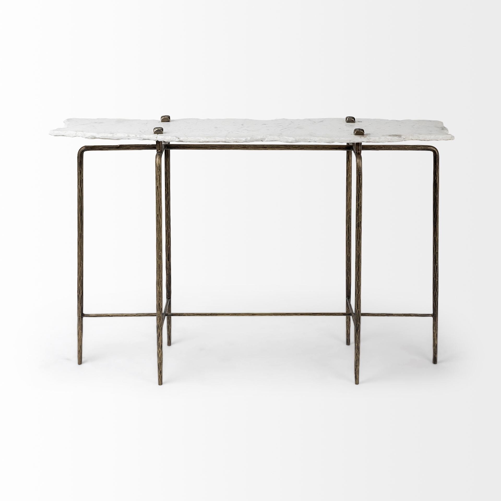 49" White and Brass Genuine Marble and Iron Distressed Six Leg Console Table HomeRoots