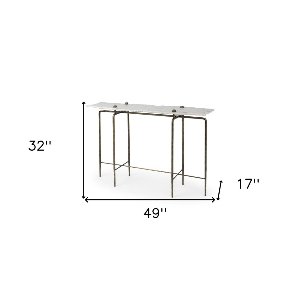 49" White and Brass Genuine Marble and Iron Distressed Six Leg Console Table HomeRoots