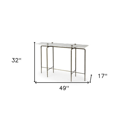 49" White and Brass Genuine Marble and Iron Distressed Six Leg Console Table HomeRoots
