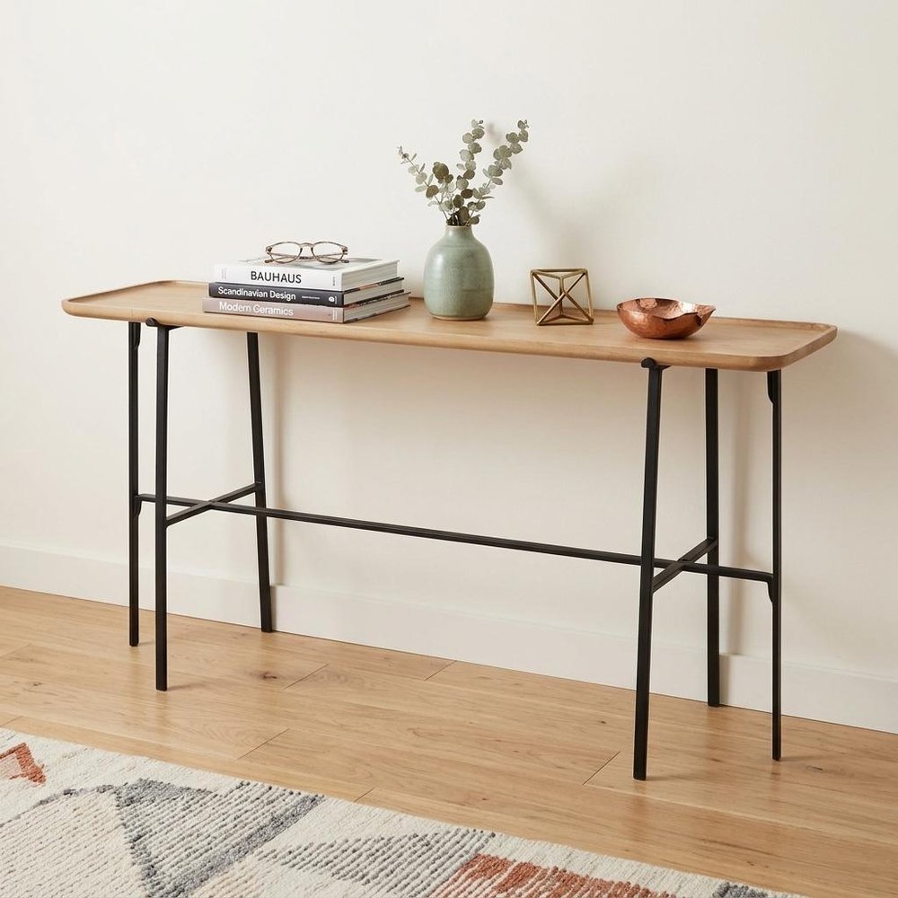60" Brown and Black Solid Wood and Metal Trestle Console Table HomeRoots