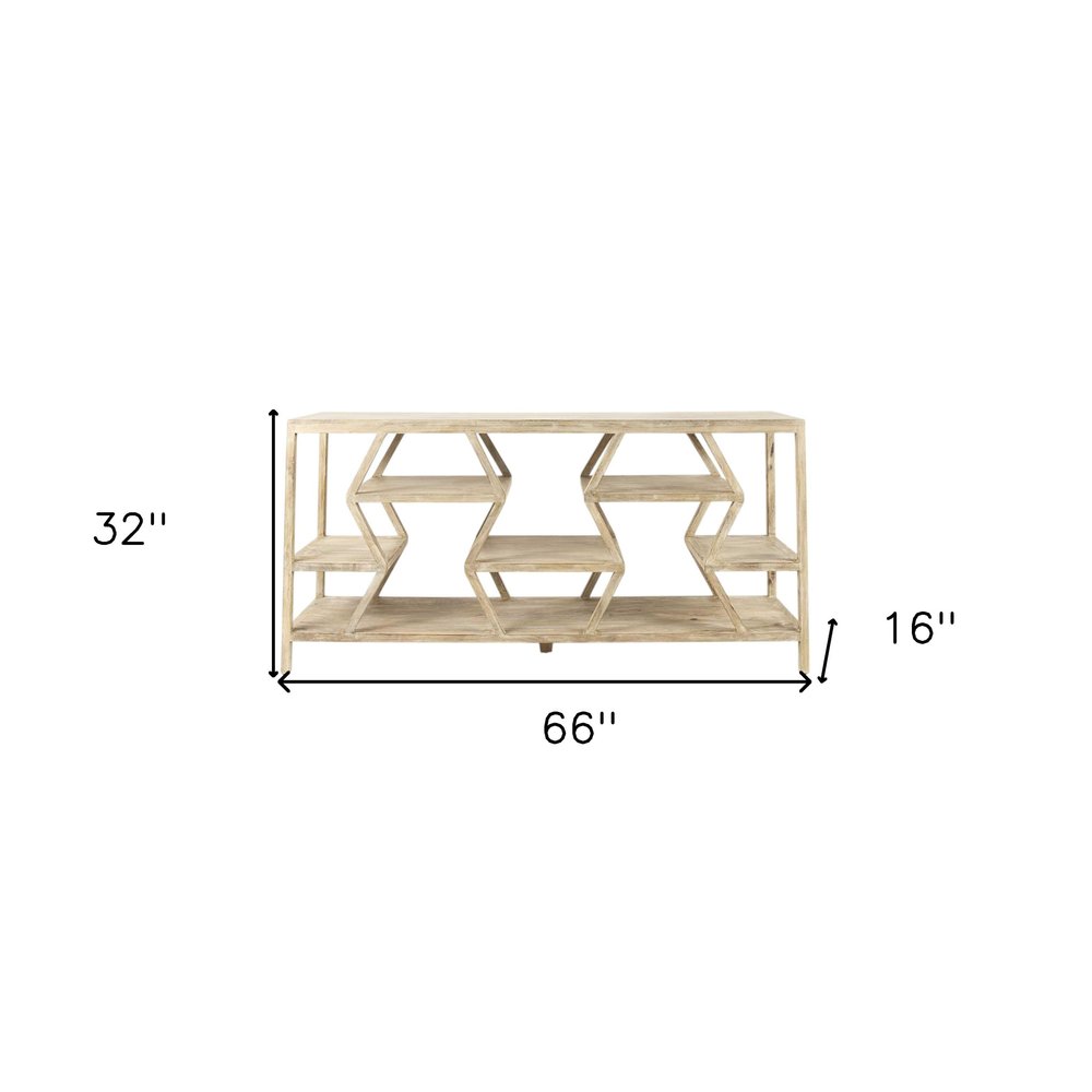 66" Light Brown Solid Wood Console Table Geometric Shelves HomeRoots