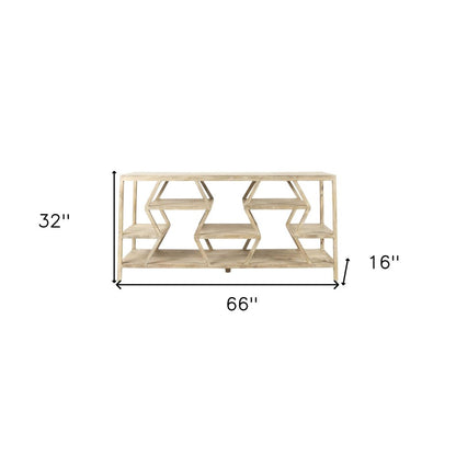 66" Light Brown Solid Wood Console Table Geometric Shelves HomeRoots