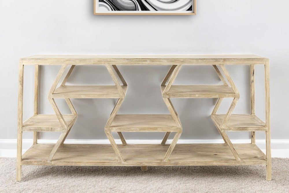 66" Light Brown Solid Wood Console Table Geometric Shelves HomeRoots