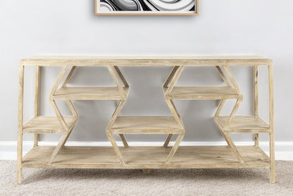 66" Light Brown Solid Wood Console Table Geometric Shelves HomeRoots