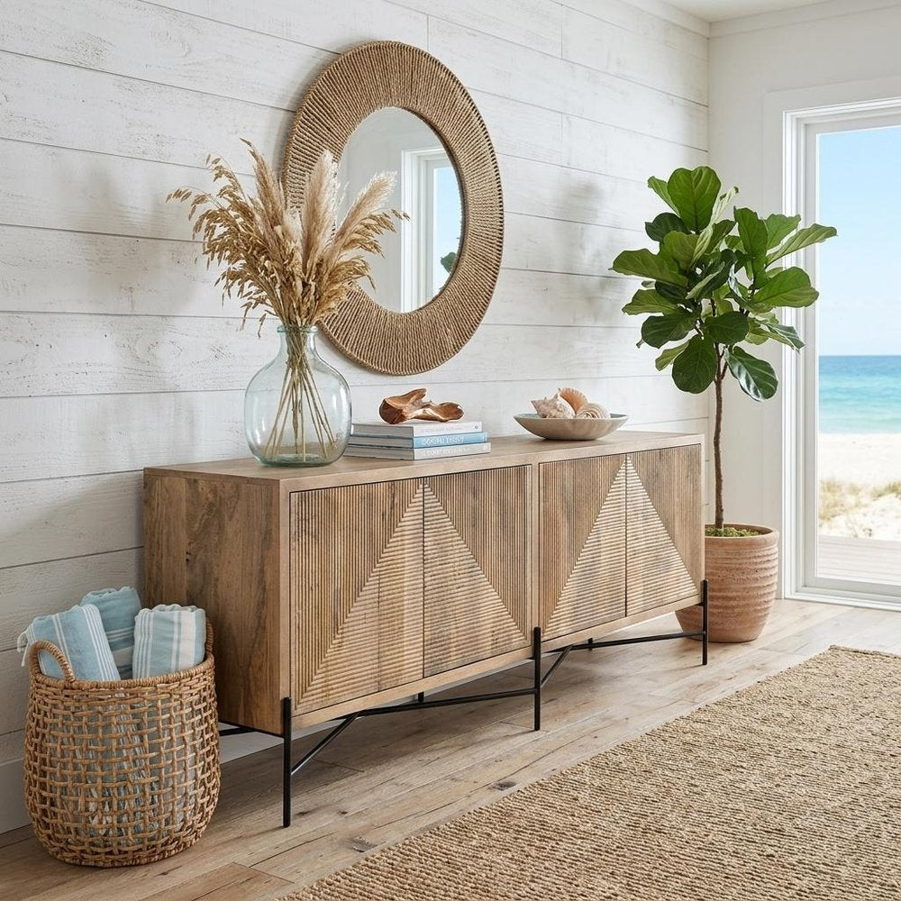 78" Brown Solid Wood Sideboard with Four Doors HomeRoots