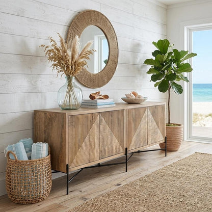 78" Brown Solid Wood Sideboard with Four Doors HomeRoots