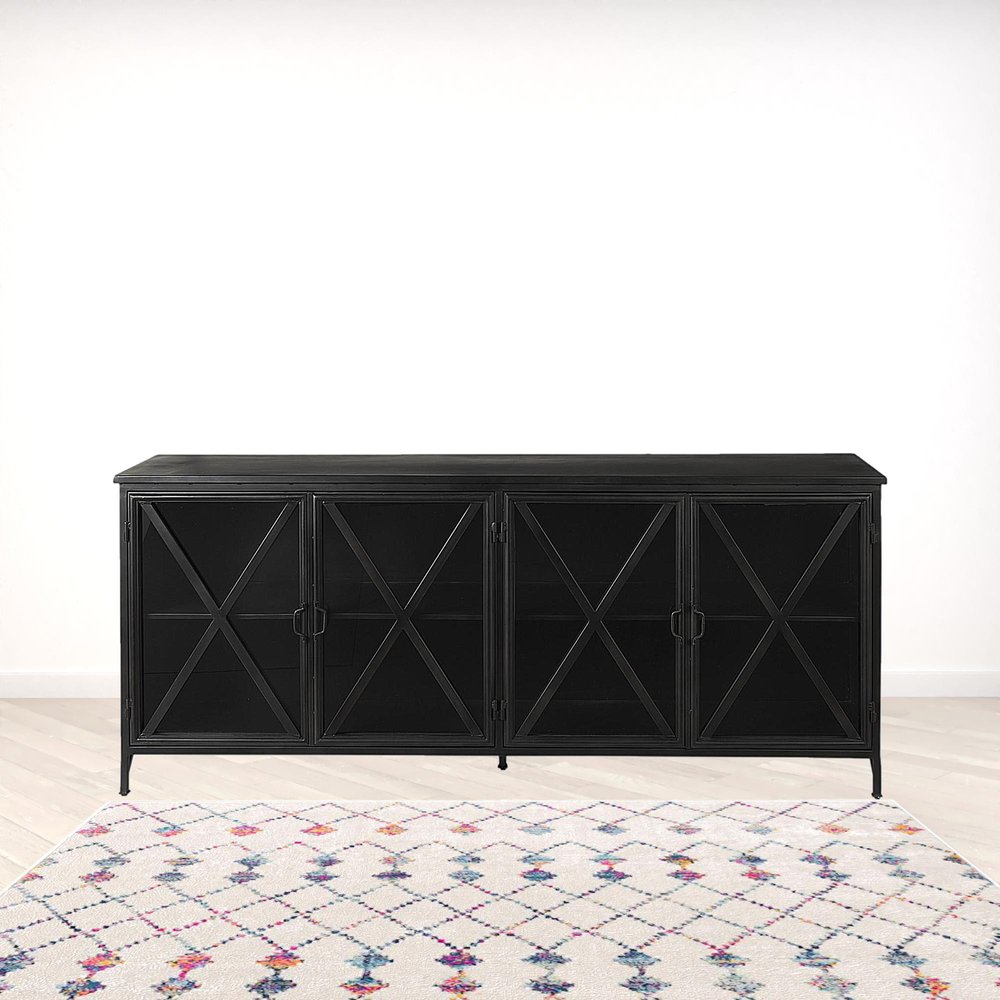 16" Black Iron Sideboard with Four Glass Doors HomeRoots
