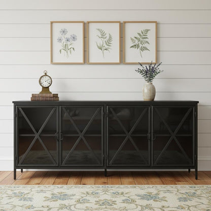 16" Black Iron Sideboard with Four Glass Doors HomeRoots