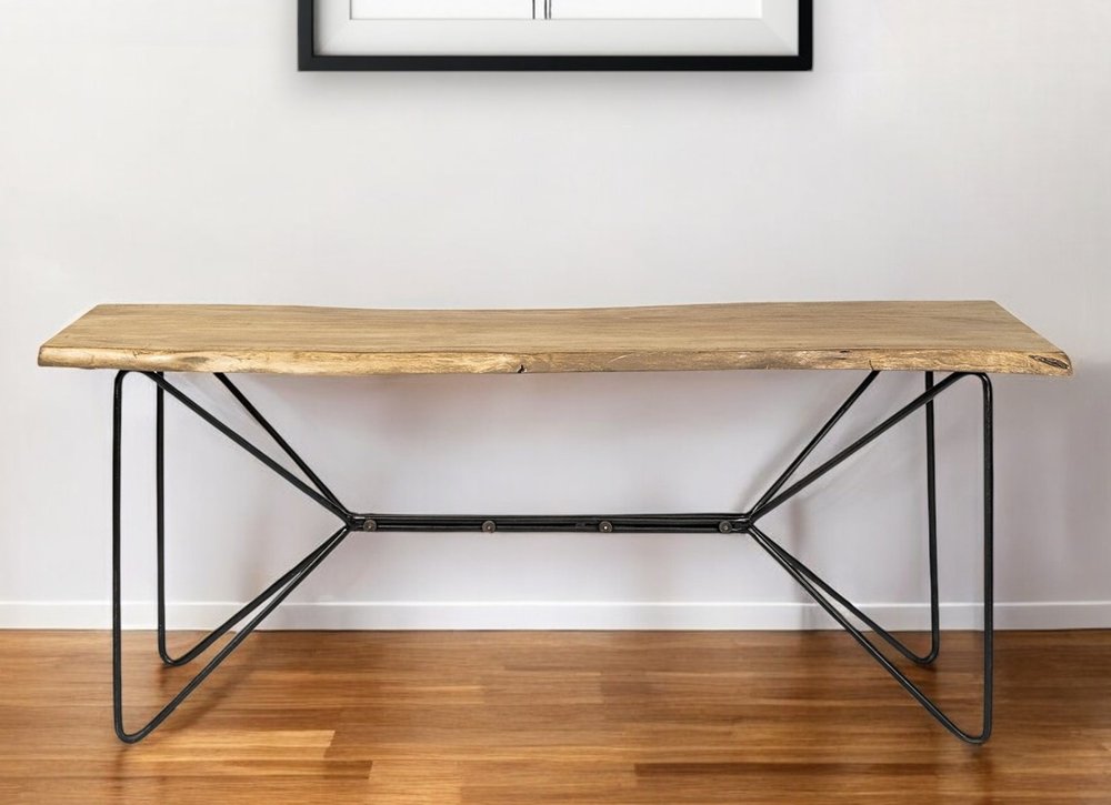 66" Natural and Black Solid Wood and Iron Abstract Base Console Table HomeRoots