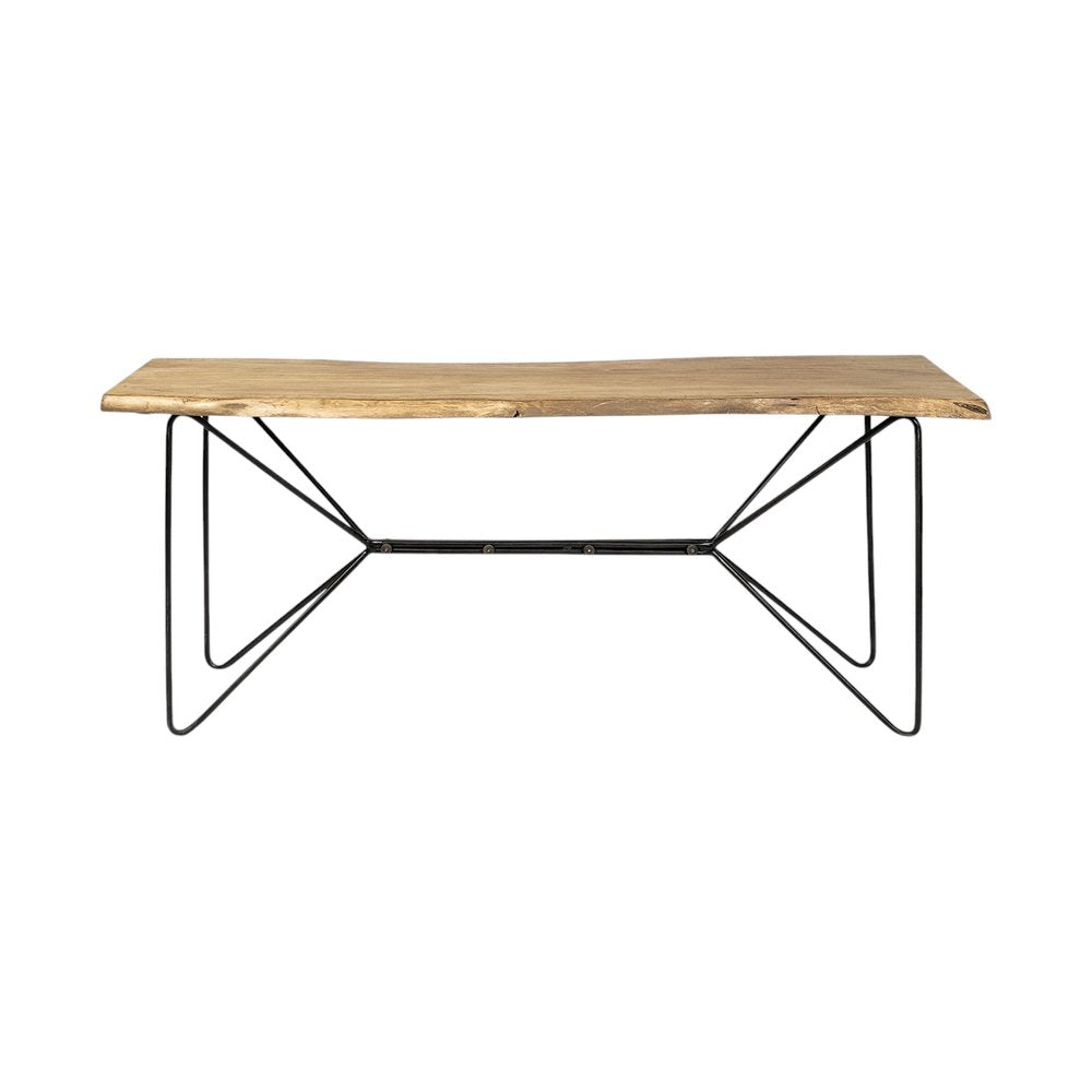 66" Natural and Black Solid Wood and Iron Abstract Base Console Table HomeRoots