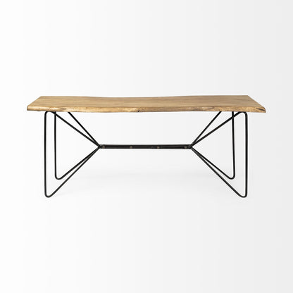 66" Natural and Black Solid Wood and Iron Abstract Base Console Table HomeRoots