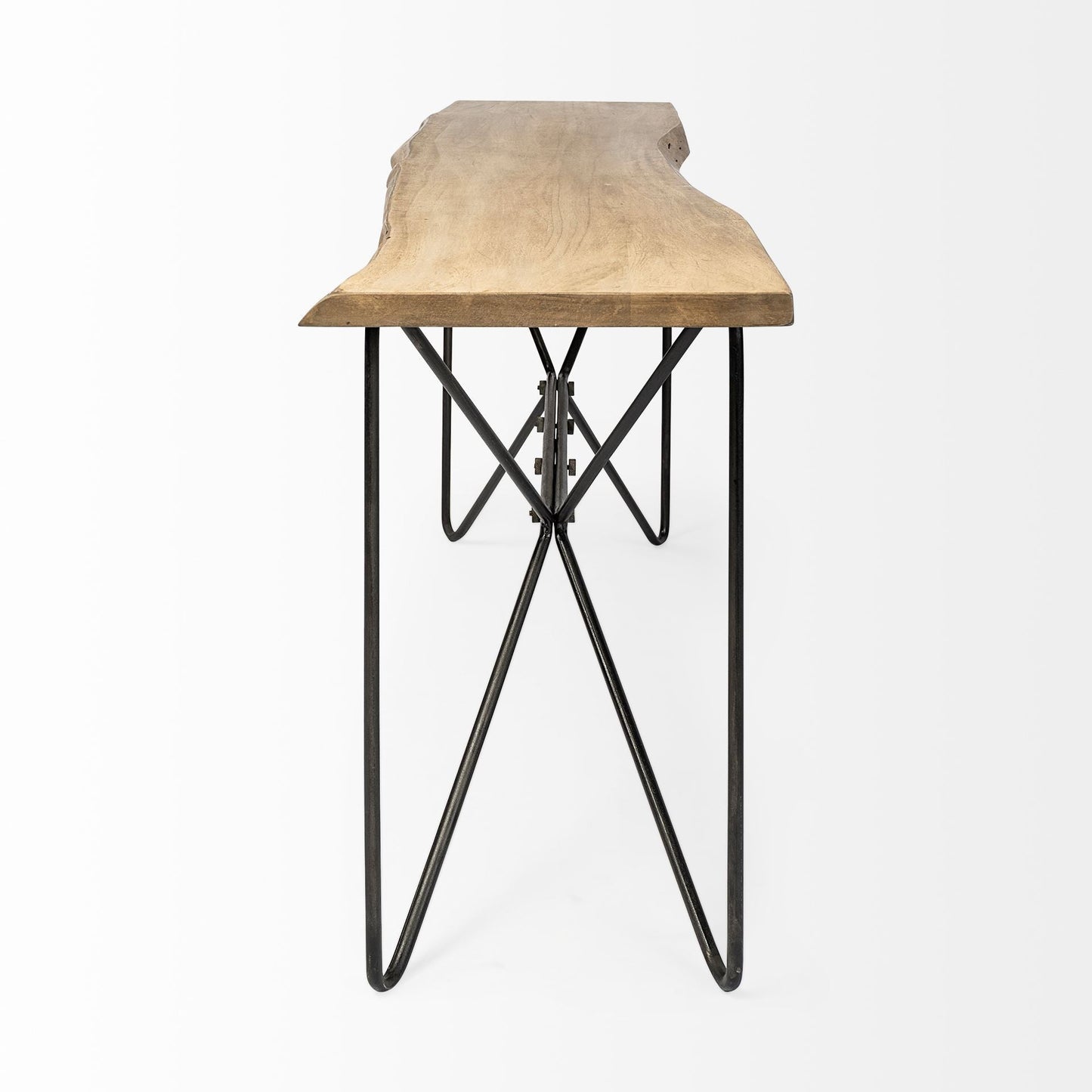 66" Natural and Black Solid Wood and Iron Abstract Base Console Table HomeRoots