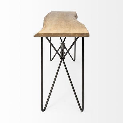 66" Natural and Black Solid Wood and Iron Abstract Base Console Table HomeRoots