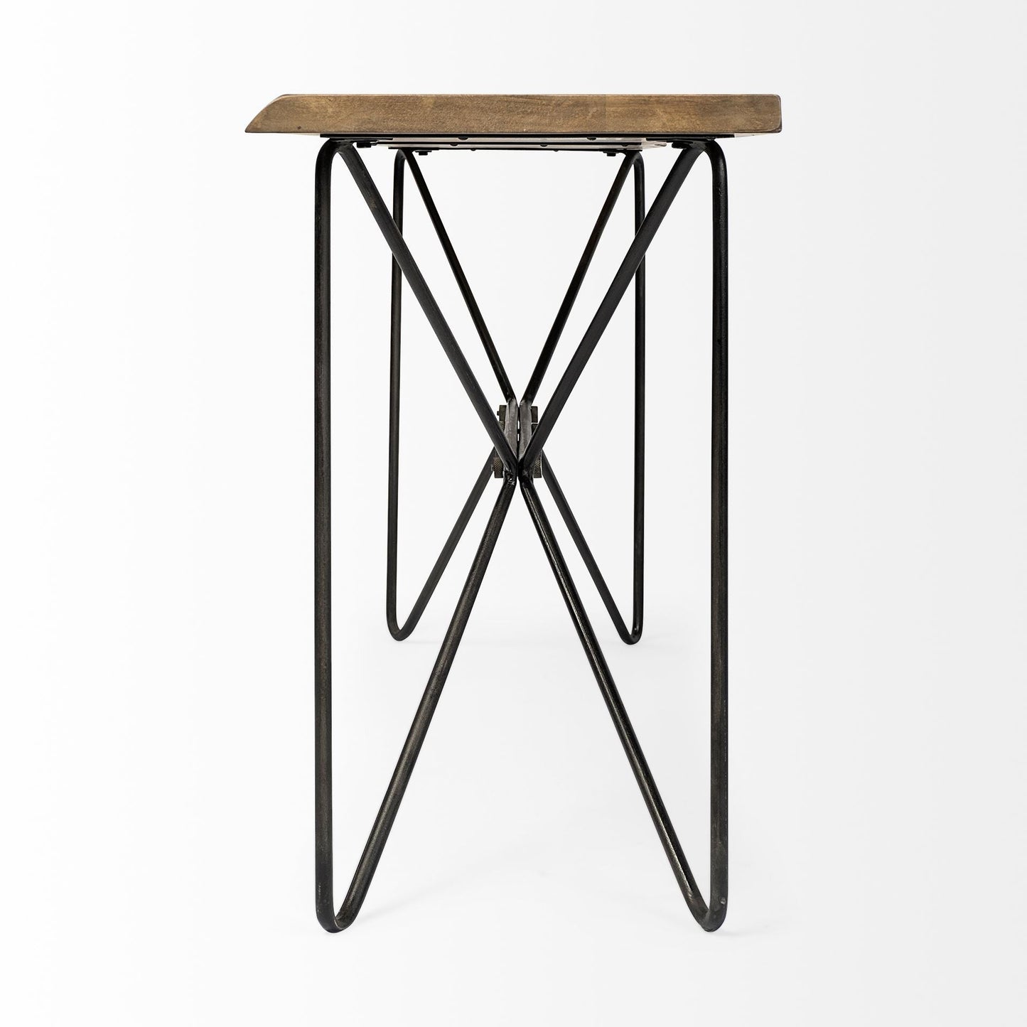 66" Natural and Black Solid Wood and Iron Abstract Base Console Table HomeRoots