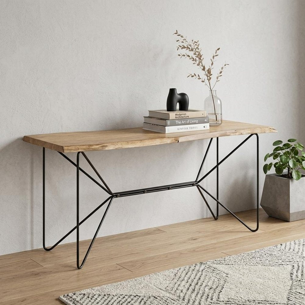 66" Natural and Black Solid Wood and Iron Distressed Abstract Console Table HomeRoots