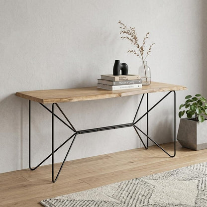 66" Natural and Black Solid Wood and Iron Distressed Abstract Console Table HomeRoots