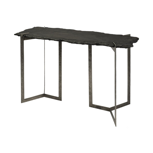 50" Black and Nickel Slate and Iron Distressed Double Pedestal Console Table HomeRoots