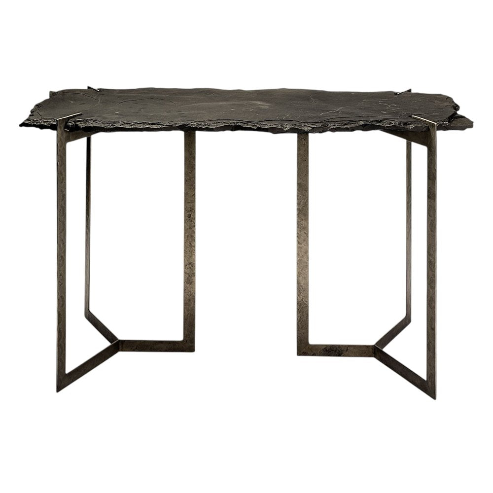 50" Black and Nickel Slate and Iron Distressed Double Pedestal Console Table HomeRoots