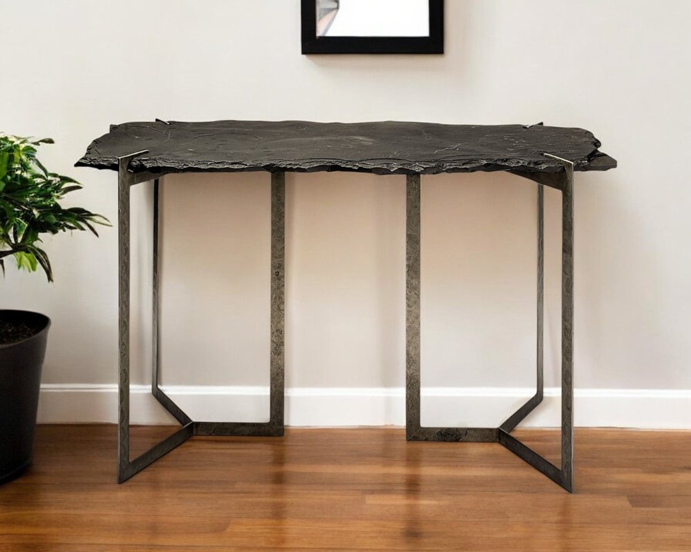 50" Black and Nickel Slate and Iron Distressed Double Pedestal Console Table HomeRoots