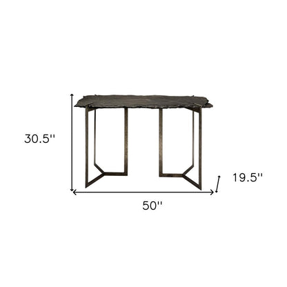 50" Black and Nickel Slate and Iron Distressed Double Pedestal Console Table HomeRoots