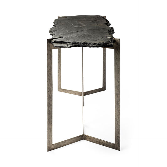 50" Black and Nickel Slate and Iron Distressed Double Pedestal Console Table HomeRoots