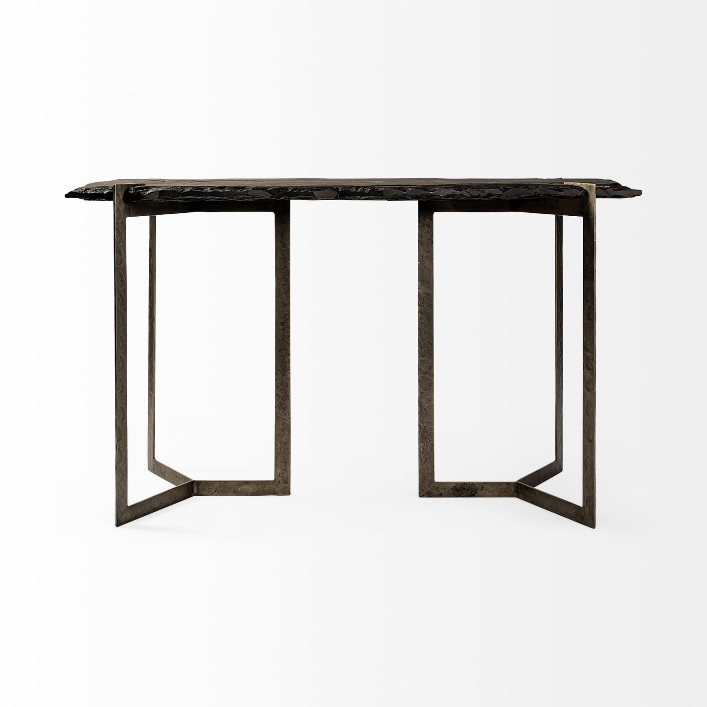 50" Black and Nickel Slate and Iron Distressed Double Pedestal Console Table HomeRoots