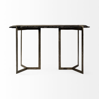 50" Black and Nickel Slate and Iron Distressed Double Pedestal Console Table HomeRoots