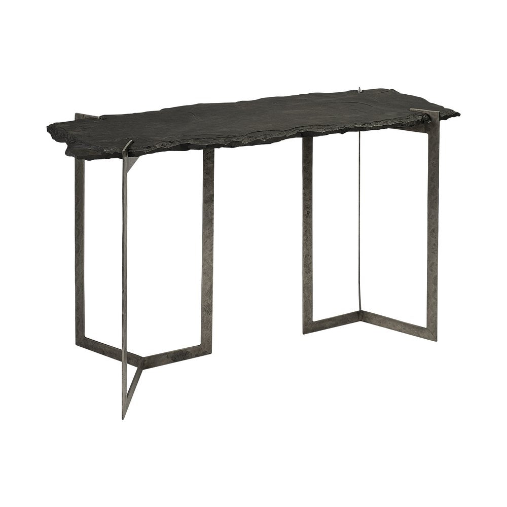 50" Black and Nickel Slate and Iron Distressed Double Pedestal Console Table HomeRoots