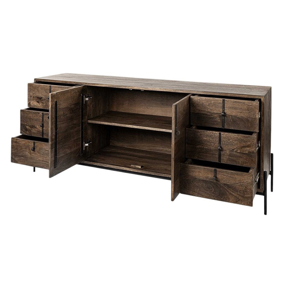 72" Brown Solid Wood Six Drawer Sideboard with Two Doors HomeRoots