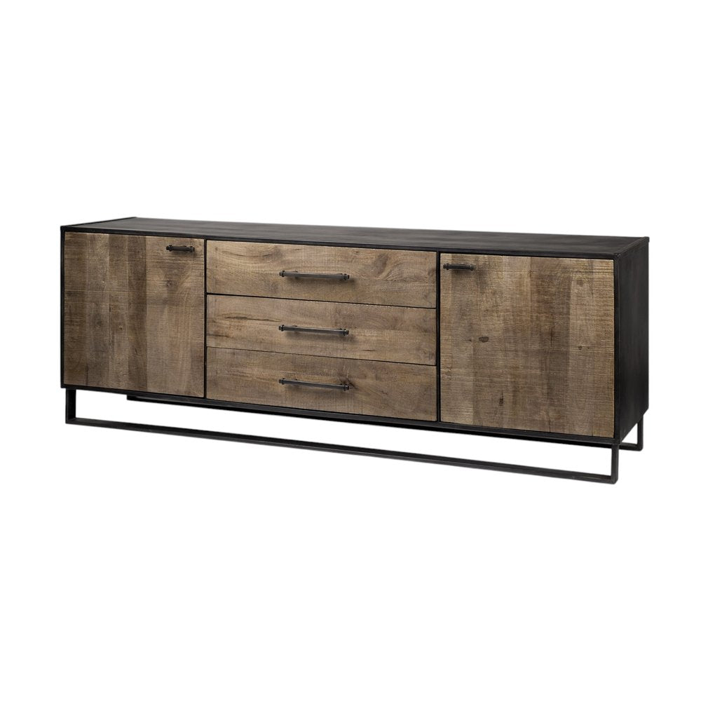 82" Brown and Black Solid Wood Three Drawer Sideboard with Two Doors — view 5