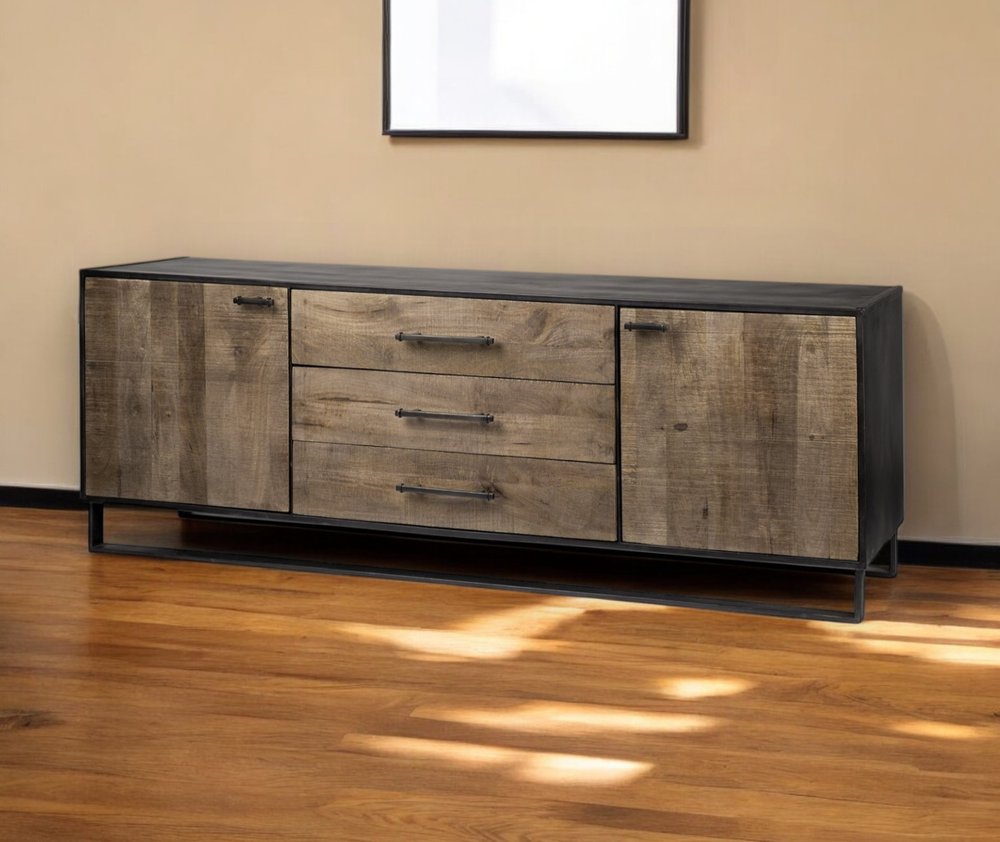 82" Brown and Black Solid Wood Three Drawer Sideboard with Two Doors HomeRoots