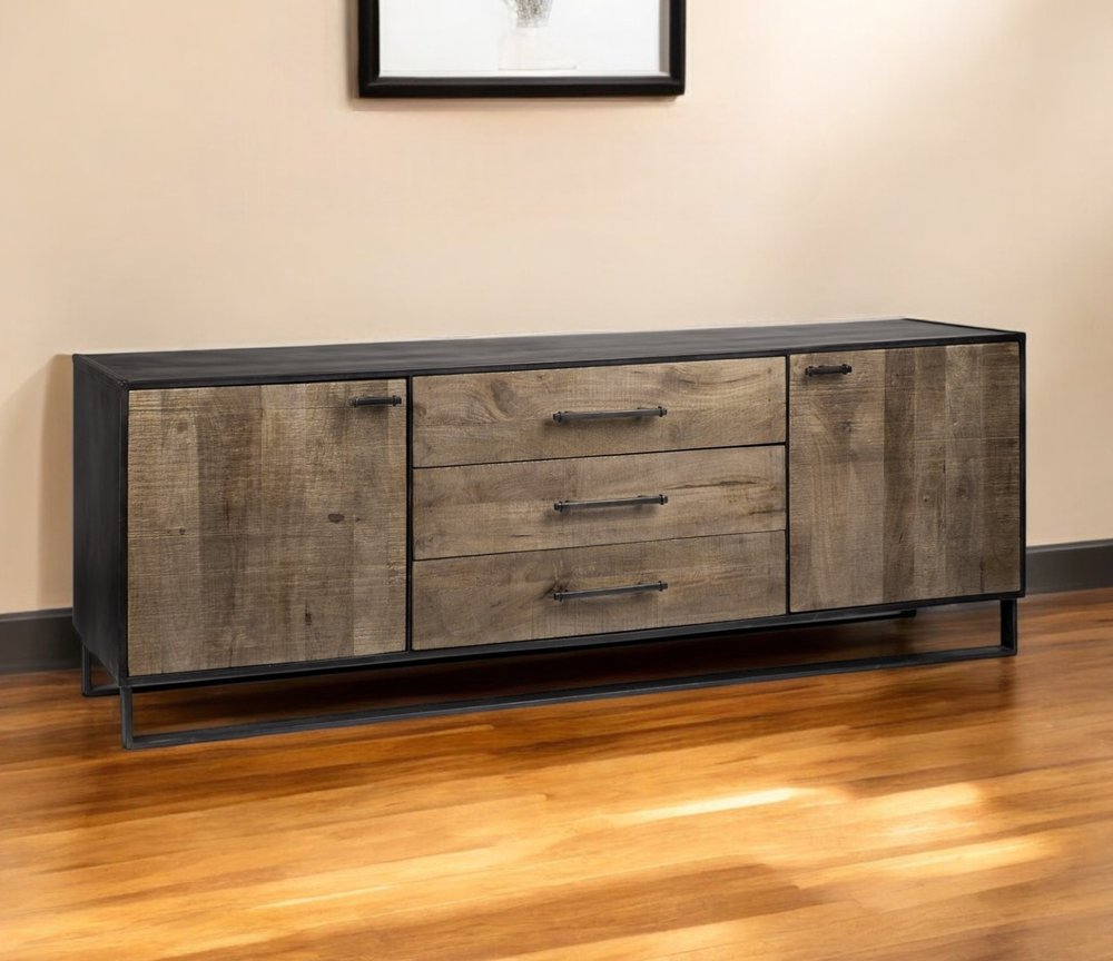 82" Brown and Black Solid Wood Three Drawer Sideboard with Two Doors HomeRoots