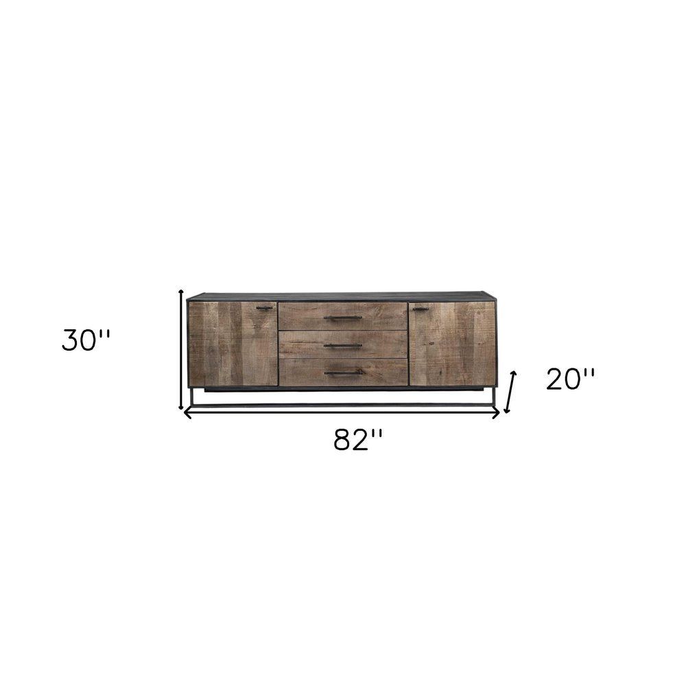 82" Brown and Black Solid Wood Three Drawer Sideboard with Two Doors — view 8
