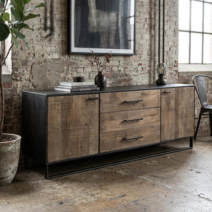 82" Brown and Black Solid Wood Three Drawer Sideboard with Two Doors