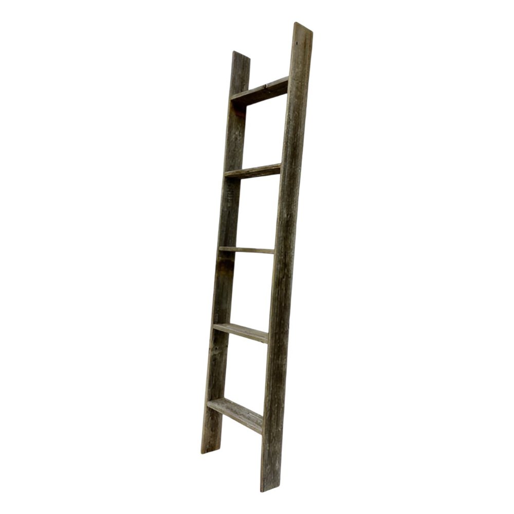 60" Gray Distressed Solid Wood Five Step Ladder Shelf — view 3