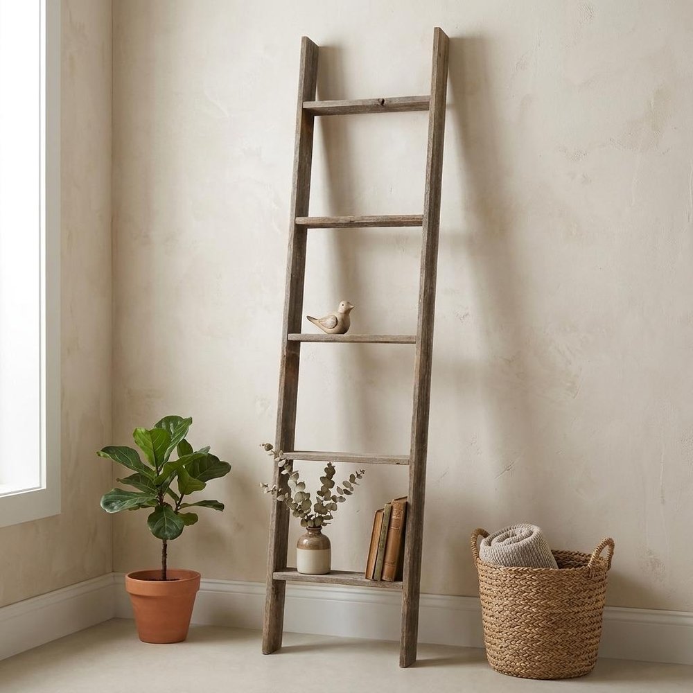 60" Gray Distressed Solid Wood Five Step Ladder Shelf HomeRoots