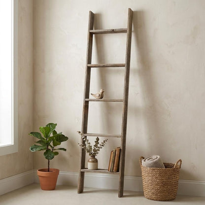 60" Gray Distressed Solid Wood Five Step Ladder Shelf HomeRoots