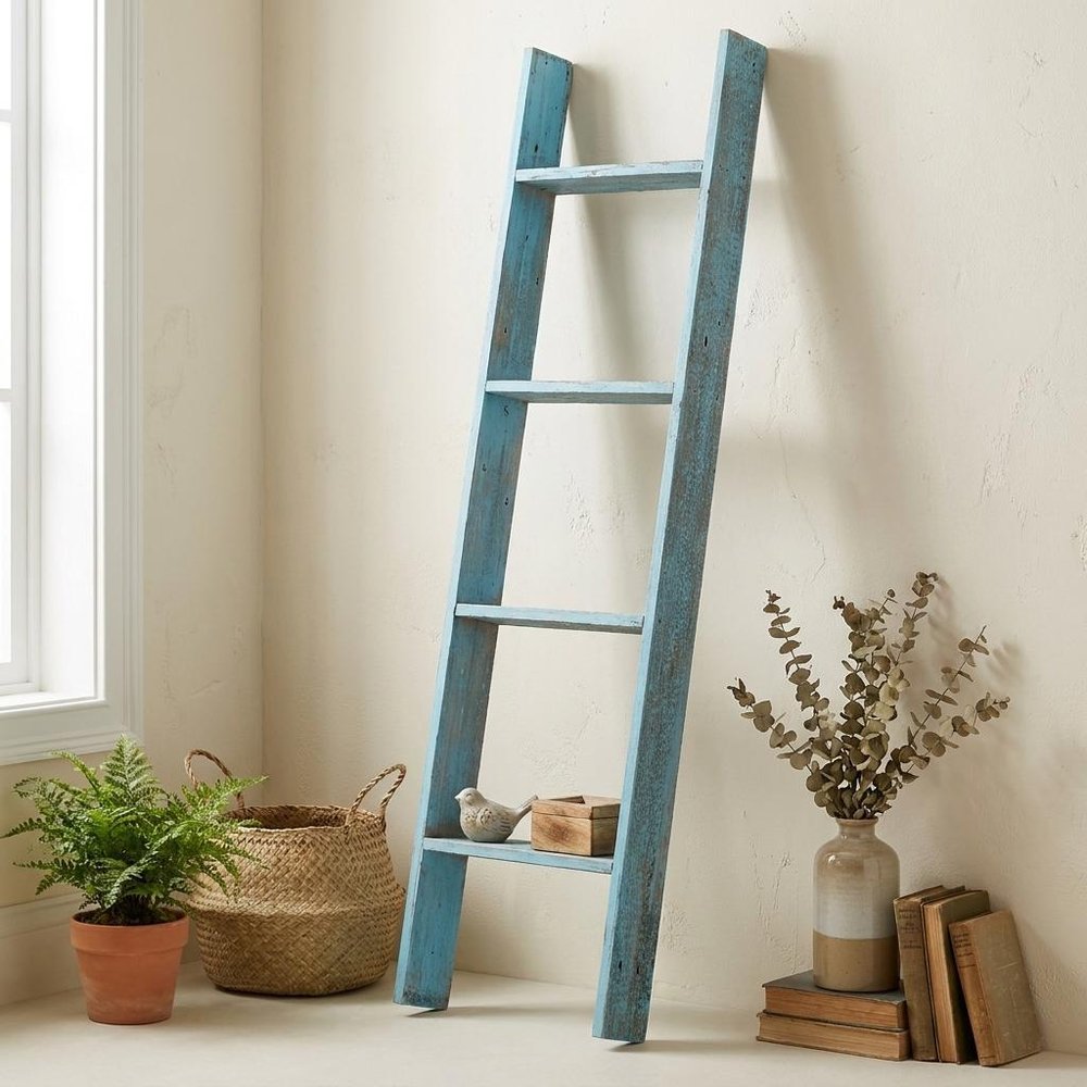 57" Turquoise Distressed Solid Wood Five Step Ladder Shelf — view 2