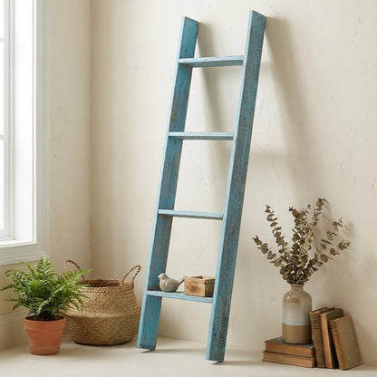 57" Turquoise Distressed Solid Wood Five Step Ladder Shelf HomeRoots