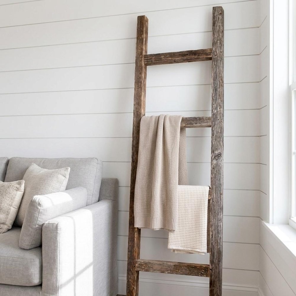 48" Gray Distressed Solid Wood Four Step Ladder Shelf — view 1