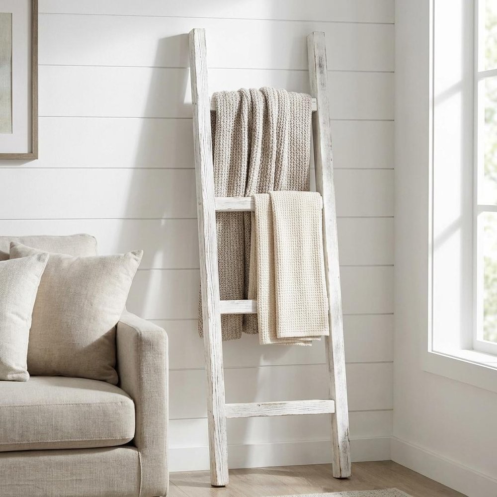 48" White Distressed Solid Wood Four Step Ladder Shelf — view 4