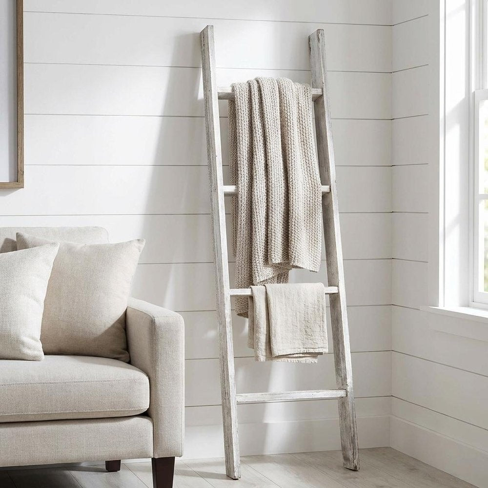 49" White Distressed Solid Wood Four Step Ladder Shelf — view 1