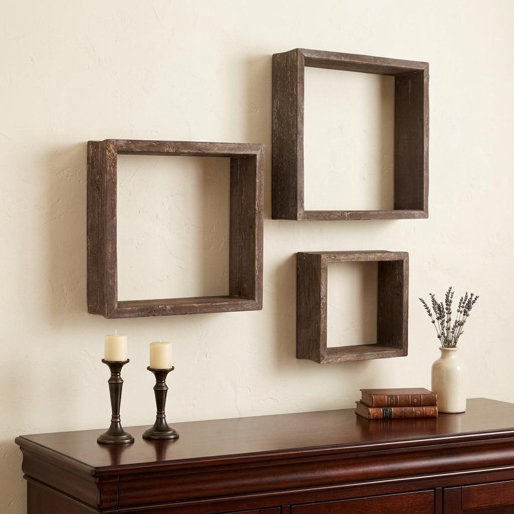 Set of Three Smoky Black Wood Square Hanging Dimensional Sculpture — view 4